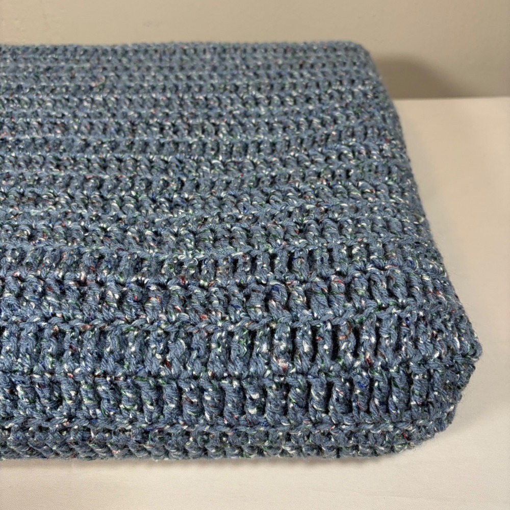 Handmade Blue Flecked Crochet Afghan Blanket Tweed Multi Color Large 79x65